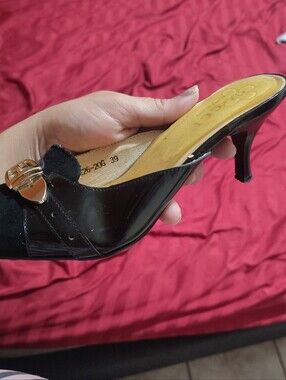 Gucci Black Pointed Suede Mule with Gold Buckle